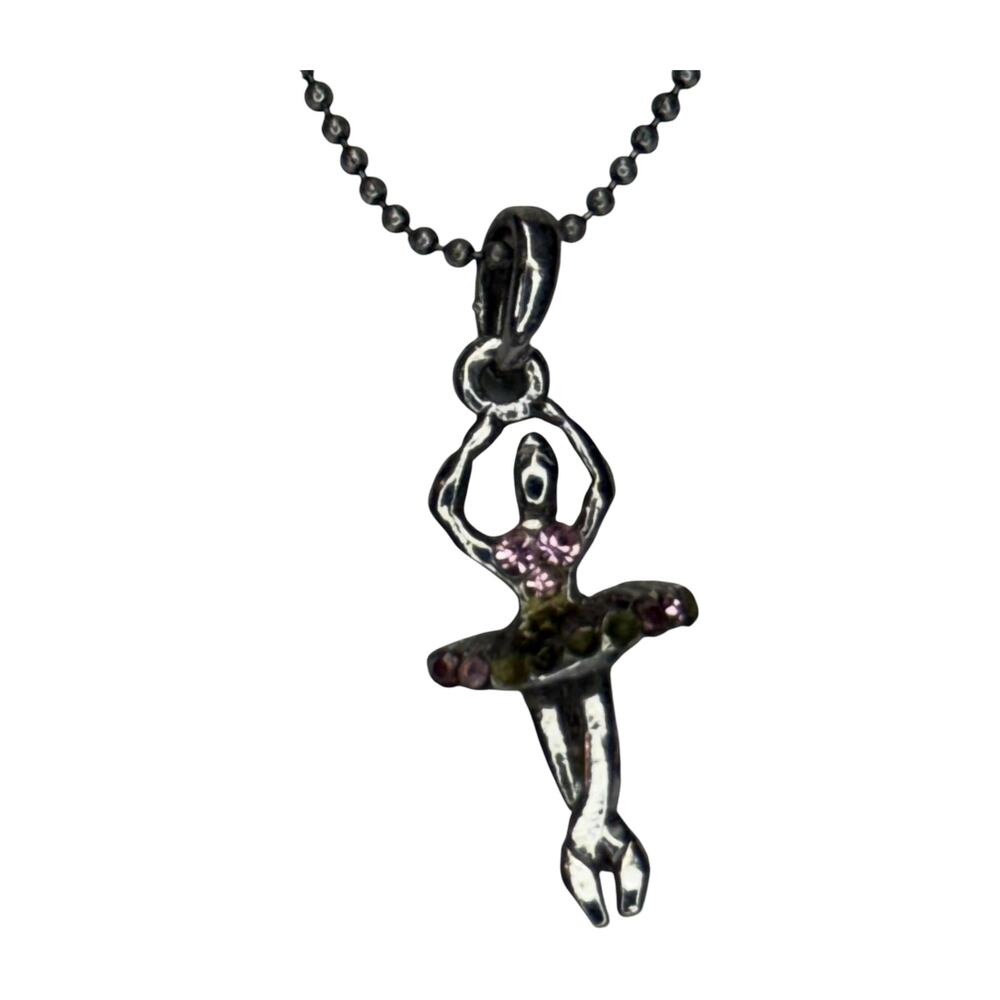Silver Ballerina Pendant Necklace Pink Rhinestone Ball Chain Dance - Picture 3 of 6